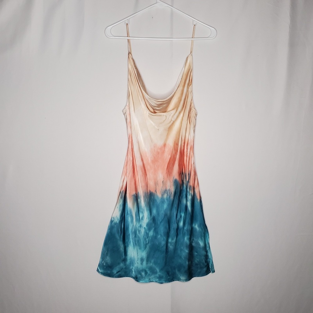 Rays For Days Slip Dress Large Satin Cowl‎ Dip Dyed Coral Teal Beach Festival